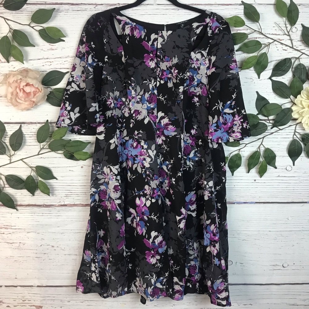 Torrid Size 10 Cut Out floral Sheer Lined Black Purple Above Knee Swing Dress